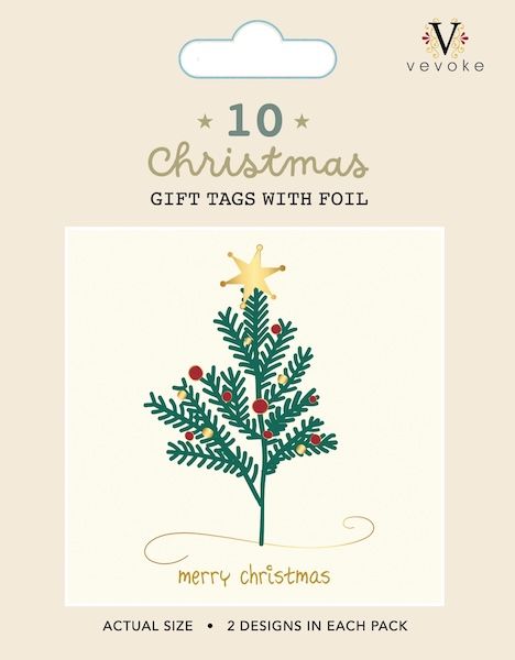 Christmas tree gift tags with foil packaging with a green tree and the words Merry Christmas in gold.