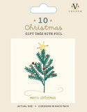 Christmas tree gift tags with foil packaging with a green tree and the words Merry Christmas in gold.