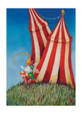 Circus tent with clown and bird in a grassy field against a blue sky