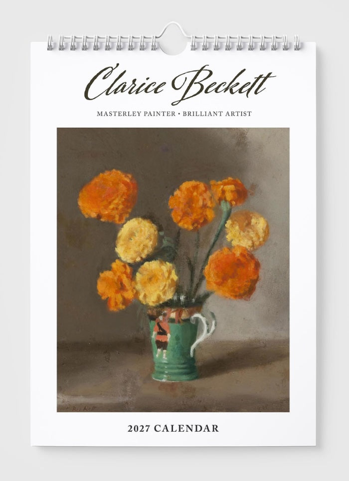 Calendar cover with painting of marigolds in a vase by Clarice Beckett