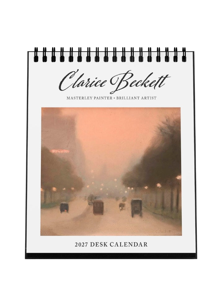 2027 desk calendar by Clarice Beckett with a painting of a street scene on the cover.