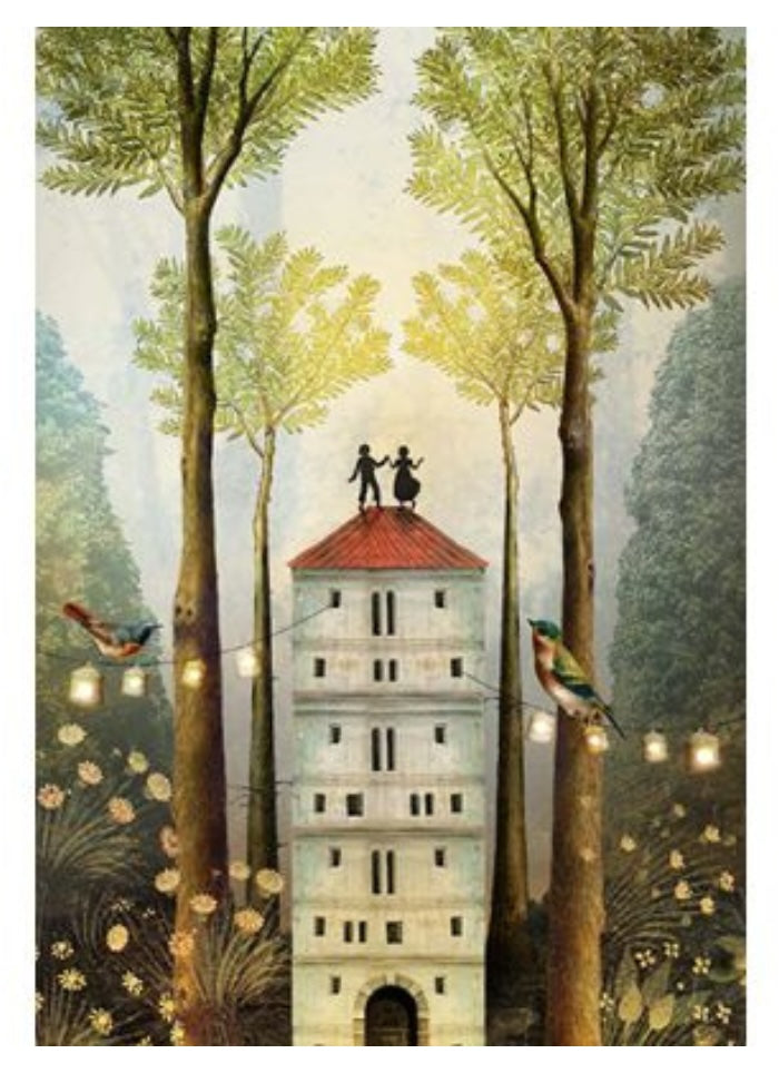 Illustration of a tall building with a red roof in a forest setting, surrounded by trees and birds.