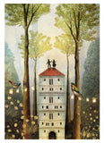 Illustration of a tall building with a red roof in a forest setting, surrounded by trees and birds.