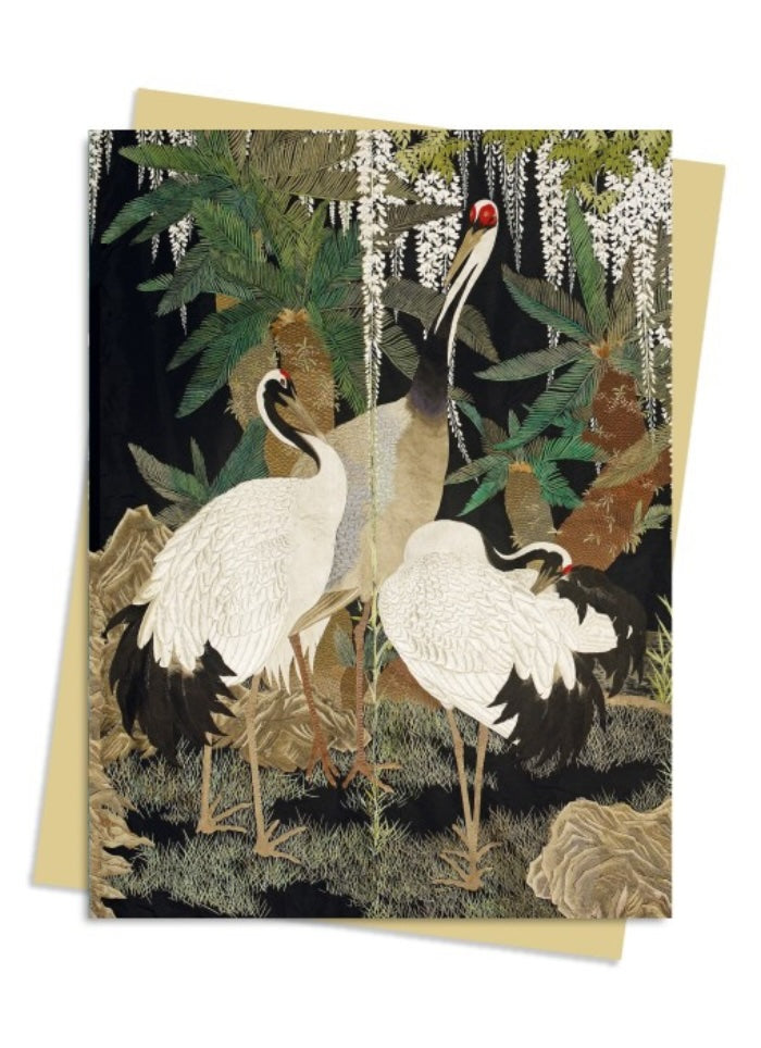 Greeting card with cranes and nature design on a black background