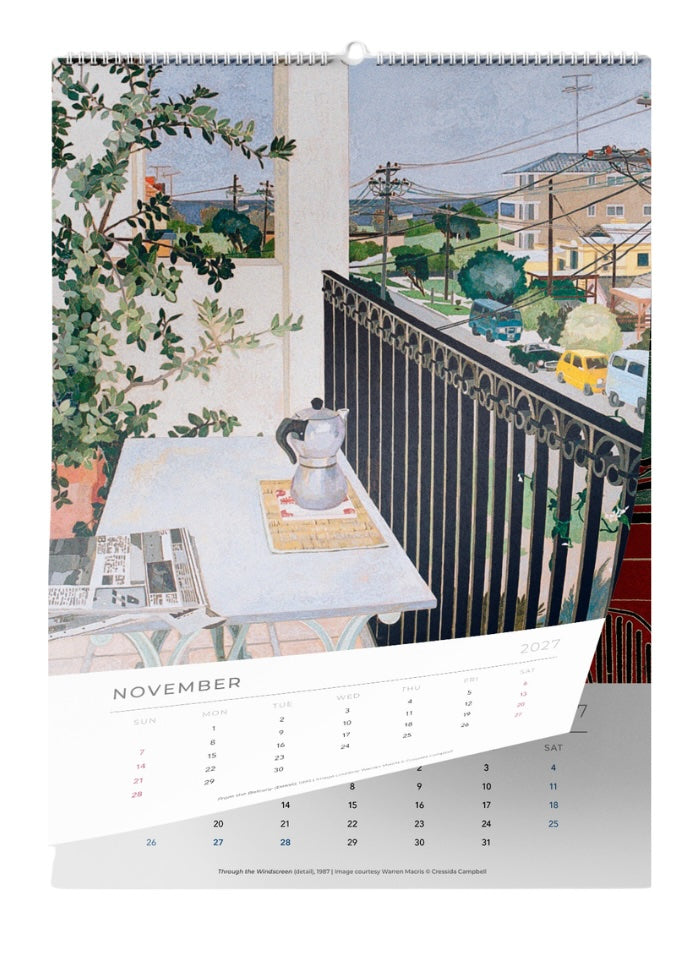 November page of Cressida Campbell calendar with image of a verandah with a table with coffeepot.
