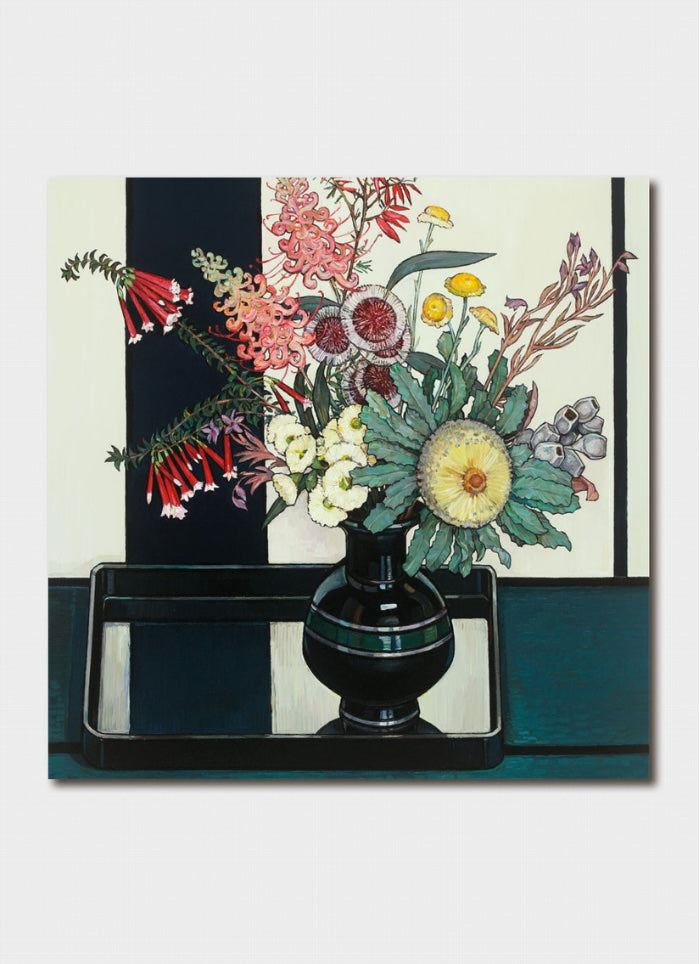 Decorative painting of a vase with flowers on a white background
