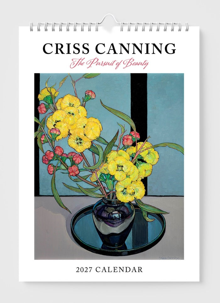 Calendar cover with floral design and 'Criss Canning' text on a white background
