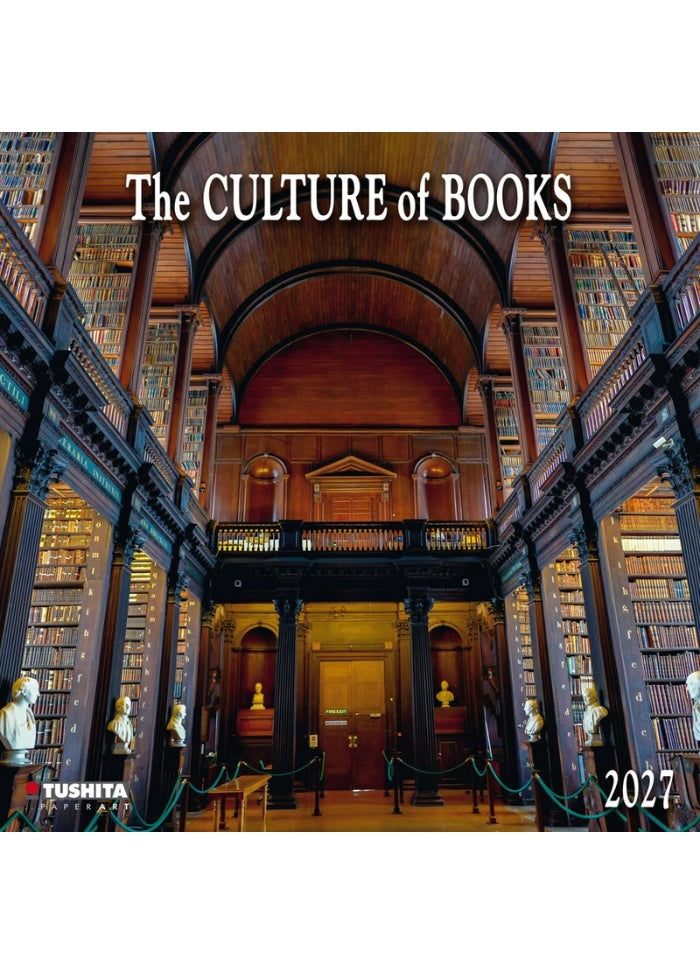 Calendar cover with a grand library interior and 'The Culture of Books' text.