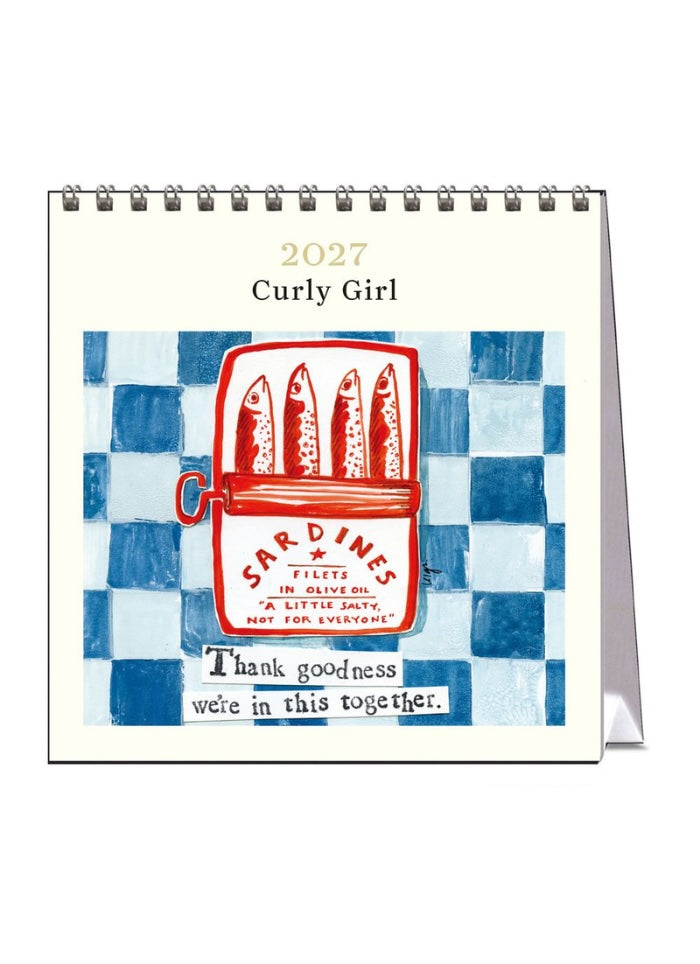 2027 Curly Girl desk calendar with sardine can illustration on a checkered background