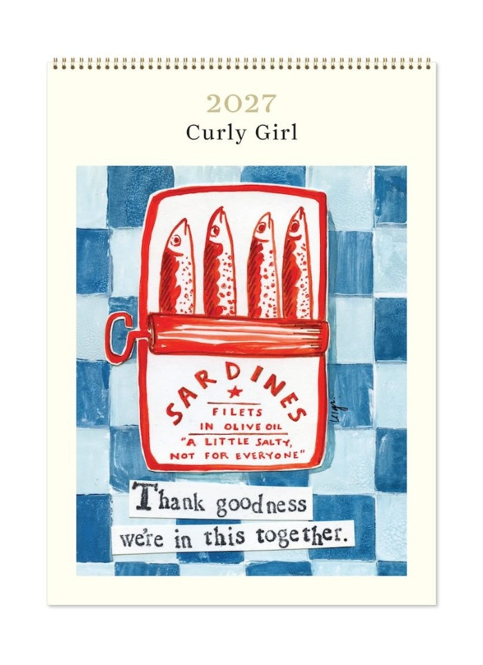 2027 Curly Girl calendar with sardine can illustration on a blue and white checkered background