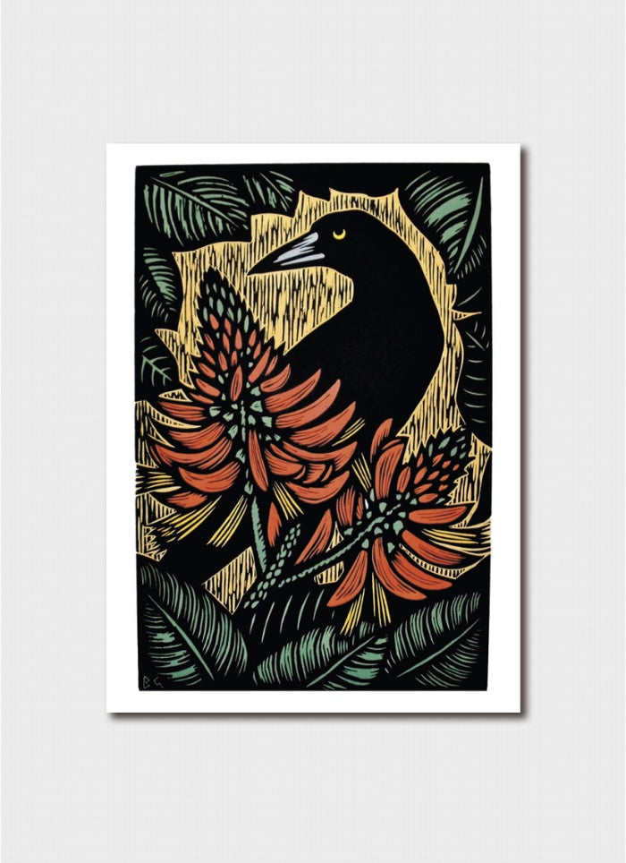 Art print of a black bird perched on a branch with red leaves on a light gray background