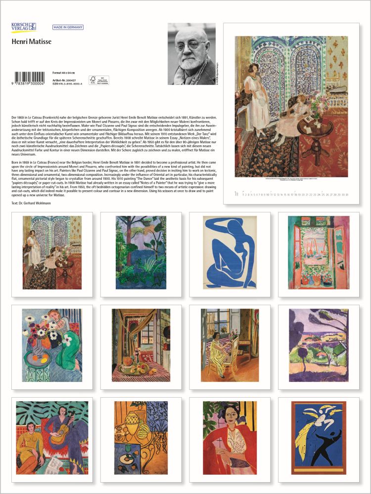 Collection of Henri Matisse artworks and portrait on a white background
