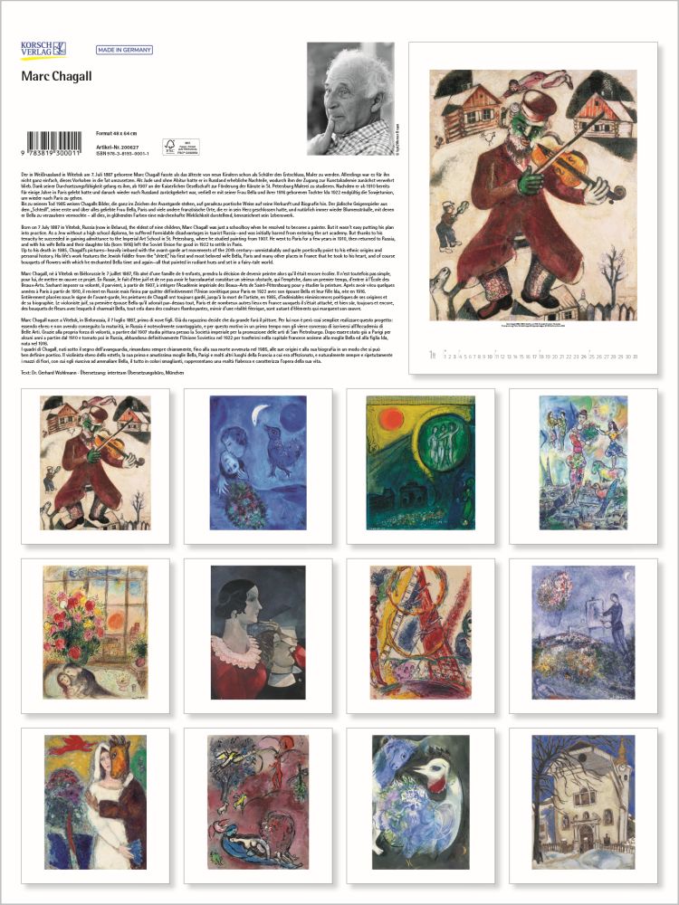Collection of Marc Chagall artworks with a portrait and text on a white background