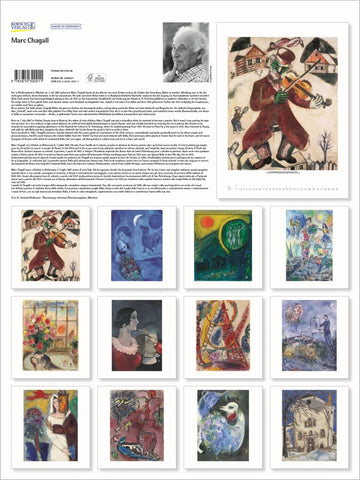 Collection of Marc Chagall artworks with a portrait and text on a white background