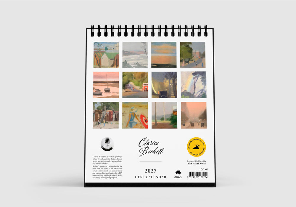Calendar with artistic cover featuring multiple small images on a white background
