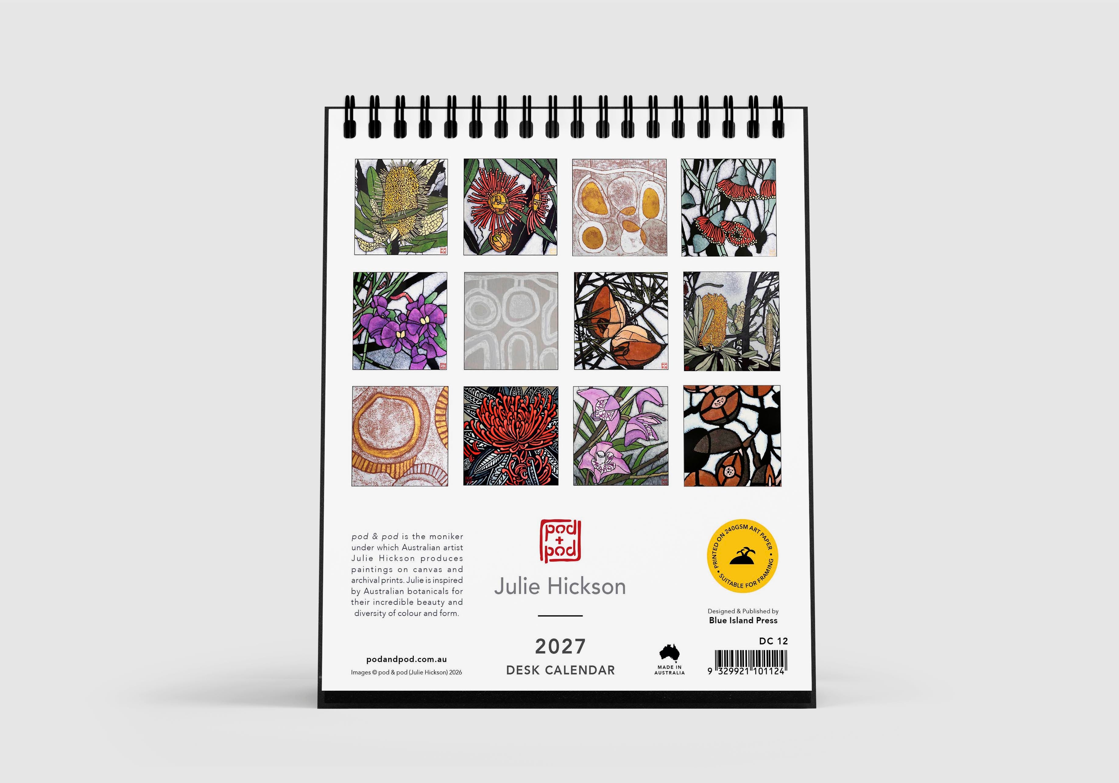Desk calendar with floral designs on a white background