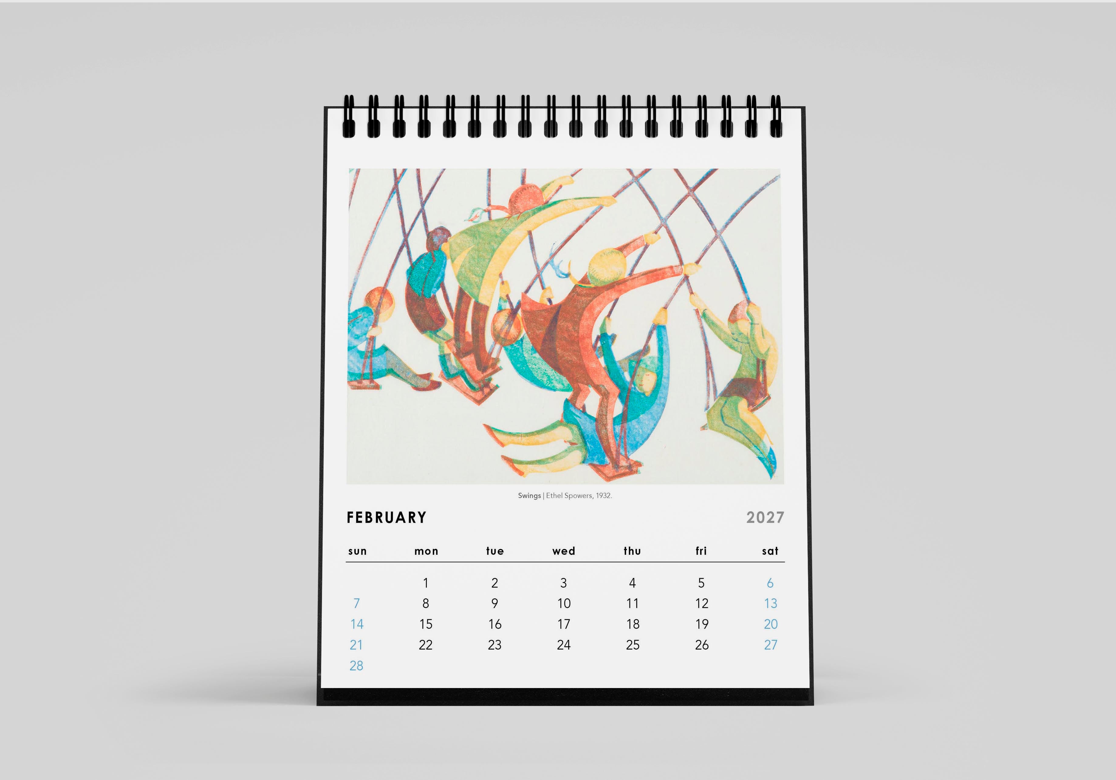Calendar for February 2027 with colorful illustrations on a white background