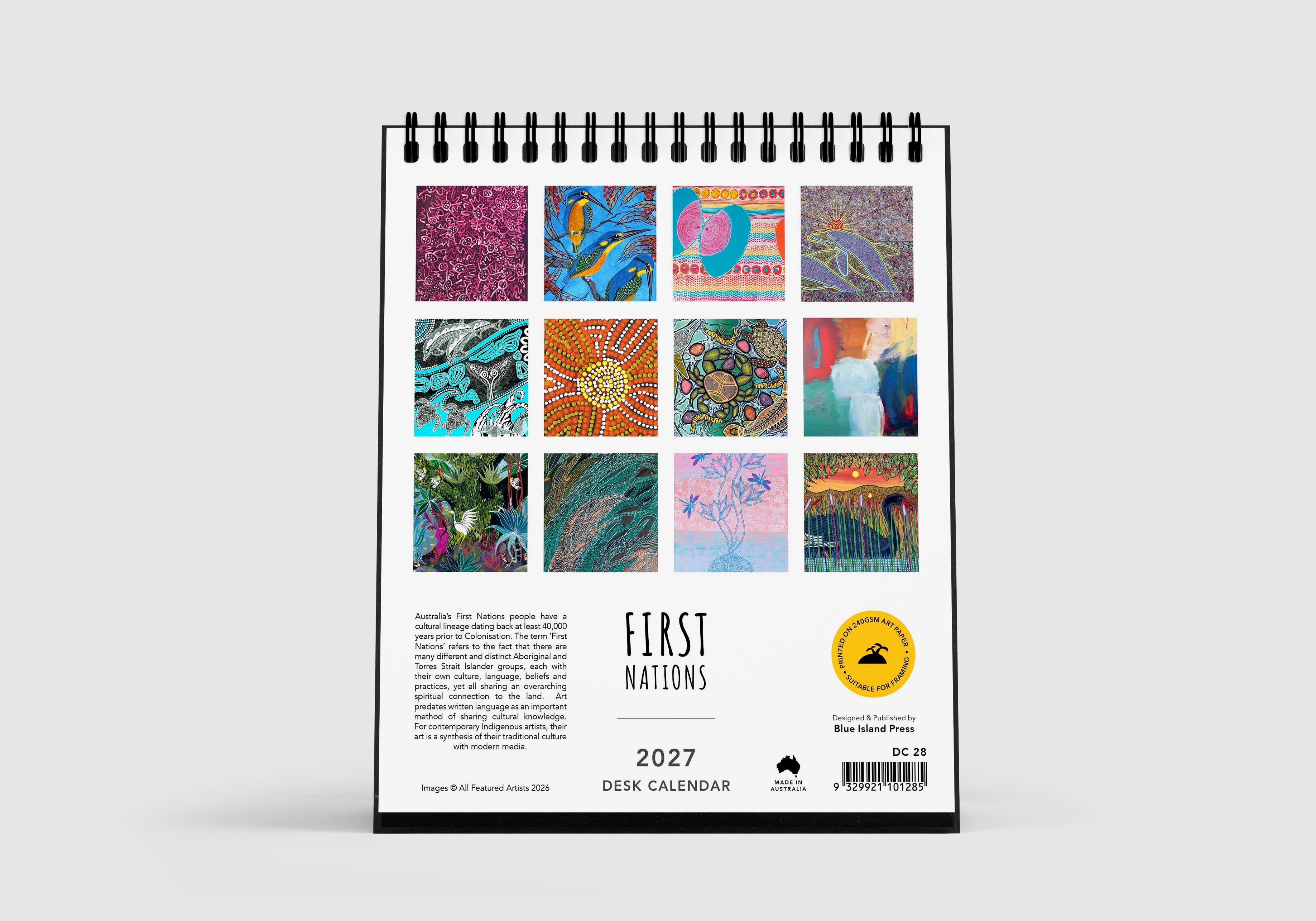 2027 desk calendar with First Nations design on a white background
