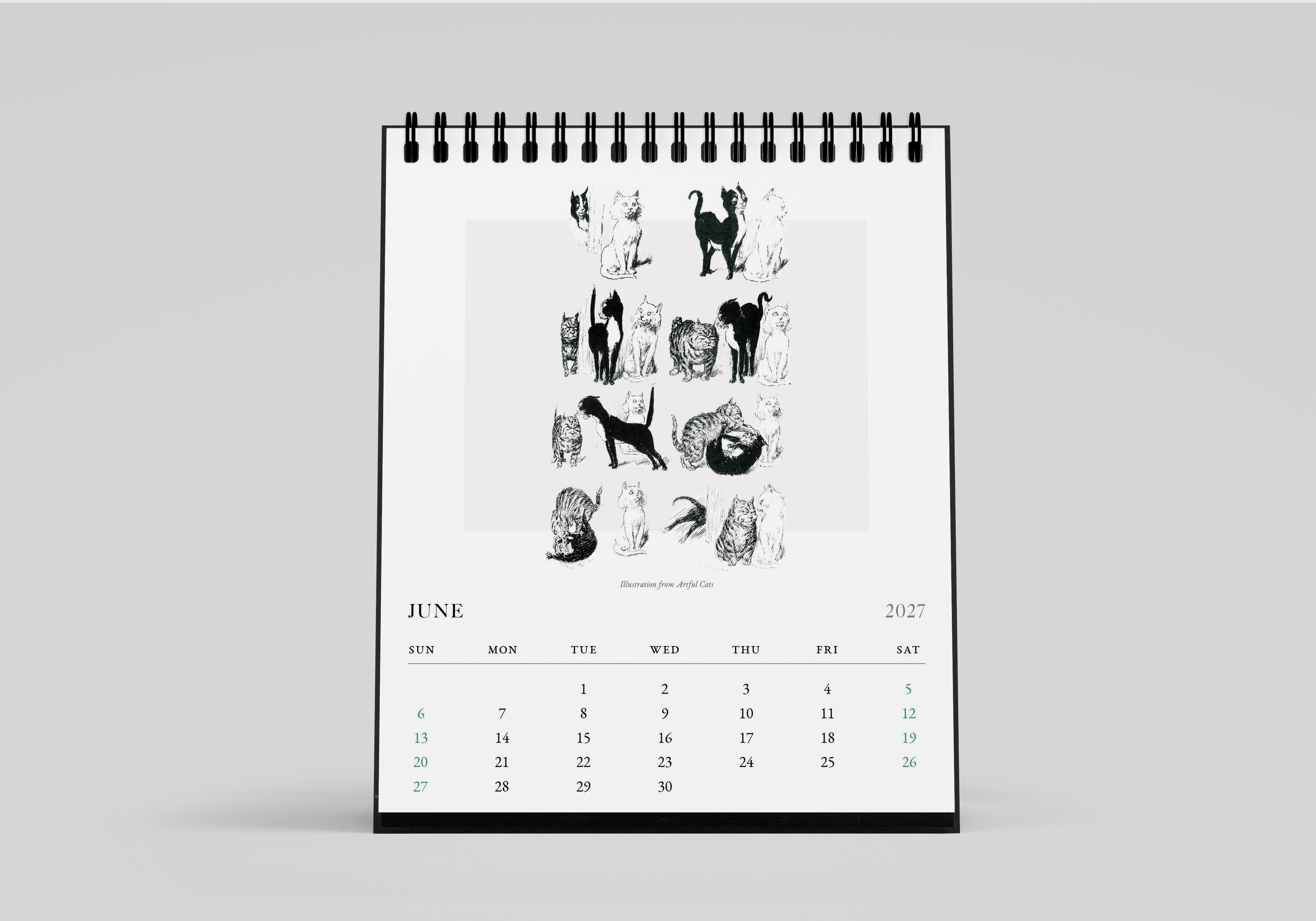 Calendar with black and white illustrations of dogs on a gray background