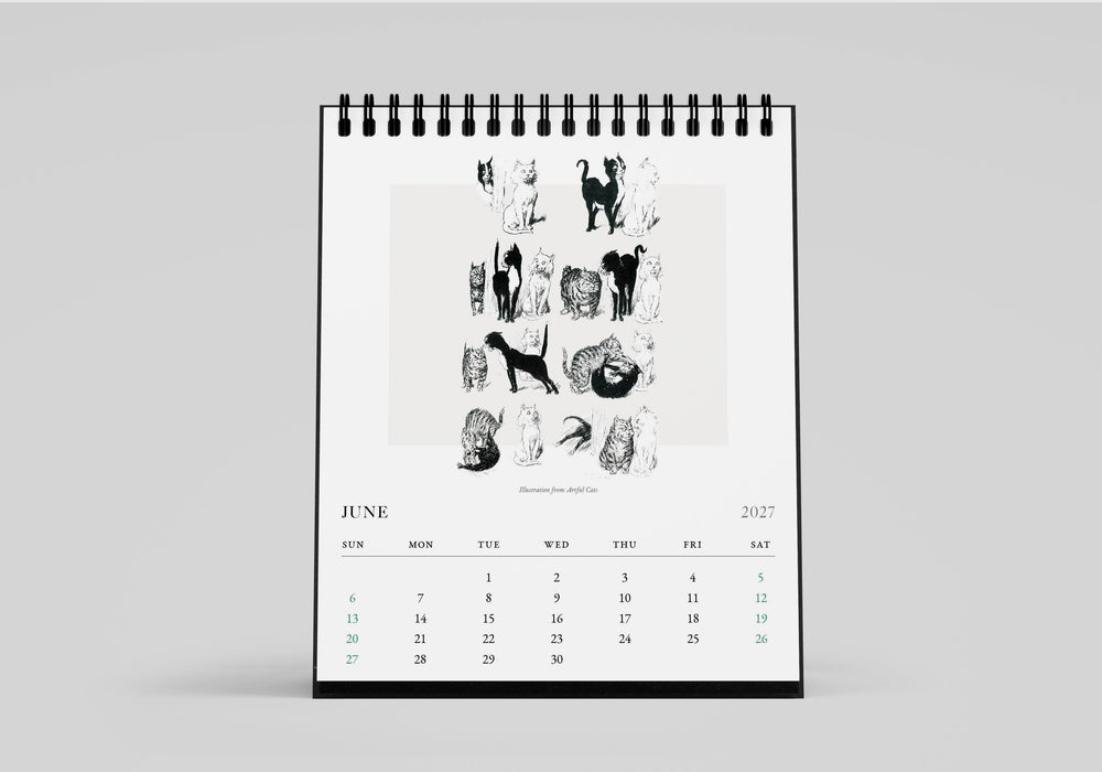Calendar with black and white illustrations of dogs on a gray background