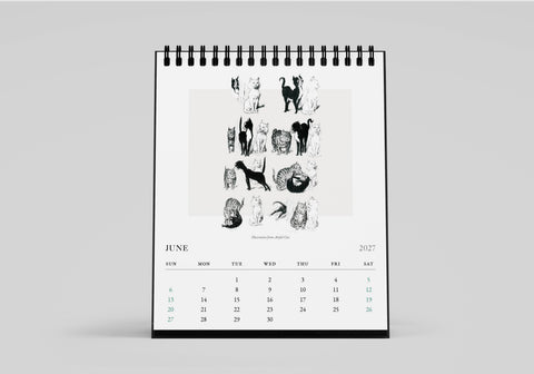 Calendar with black and white illustrations of dogs on a gray background