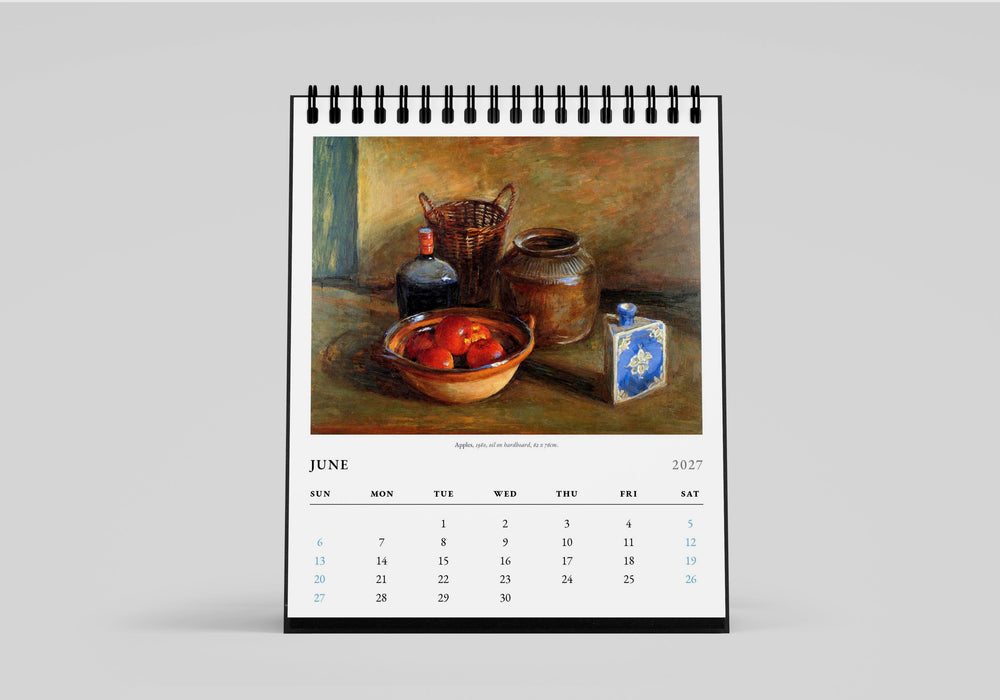 Calendar with a still life painting cover on a light gray background