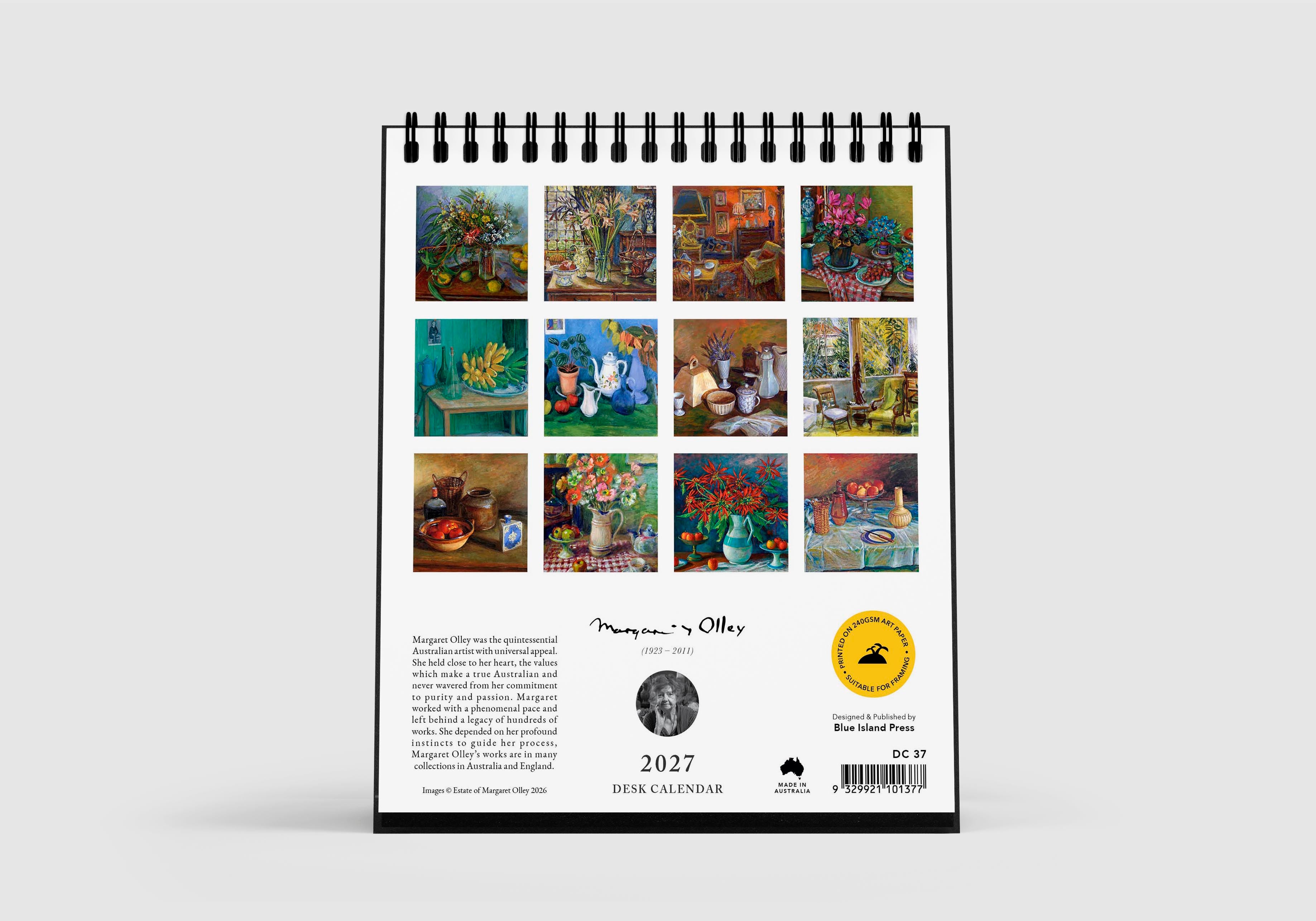 Calendar with artistic cover featuring small images of paintings on a white background