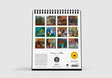 Calendar with artistic cover featuring small images of paintings on a white background