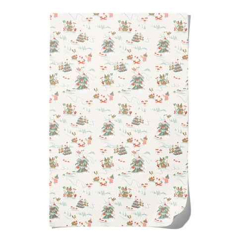 Patterned paper with Christmas trees and winter elements on a white background