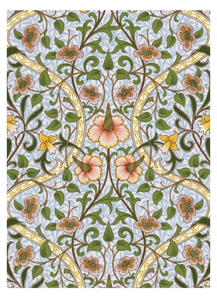 Decorative floral pattern with flowers and leaves on a light blue background