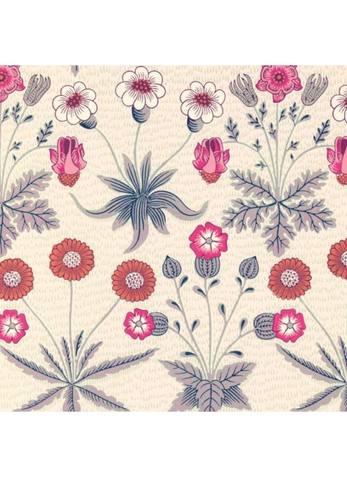 Floral pattern with pink and blue flowers on a beige background