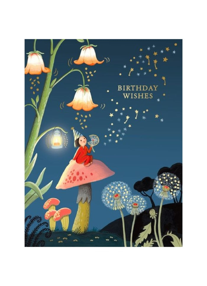 Greeting card with a fairy on a mushroom, flowers, and 'Birthday Wishes' text against a dark blue background.