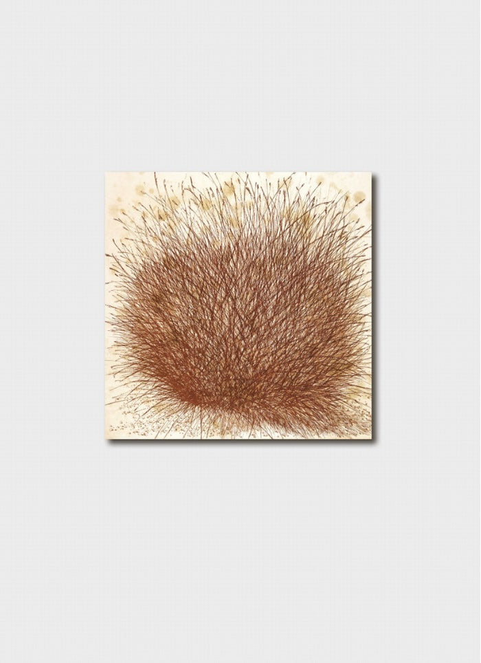 Square painting of a brown abstract design on a light gray background