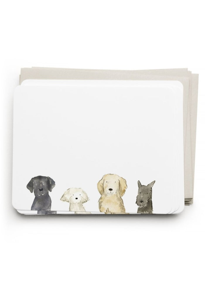 Note card with illustrations of four dogs on a white background