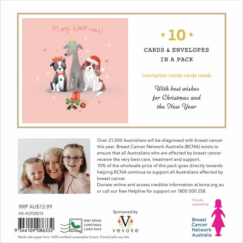Packaging of Christmas cards with cartoon dogs and text about Breast Cancer Network Australia.