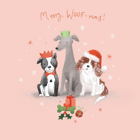 Illustration of three dogs wearing Christmas hats on a pink background with 'Merry Woof-mas!' text.