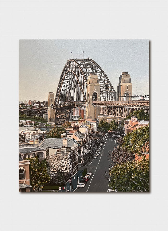 A painting showing a road leading up to the Sdney Harbour Bridge