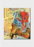 A painting of a chair, with a rapery over it and a window behind.