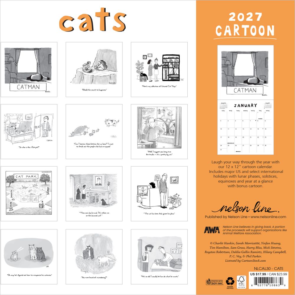 Back cover of the New Yorker Cats calendar with a grid of cartoons - q for each month of the year.