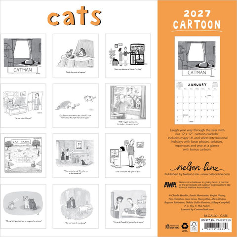 Back cover of the New Yorker Cats calendar with a grid of cartoons - q for each month of the year.