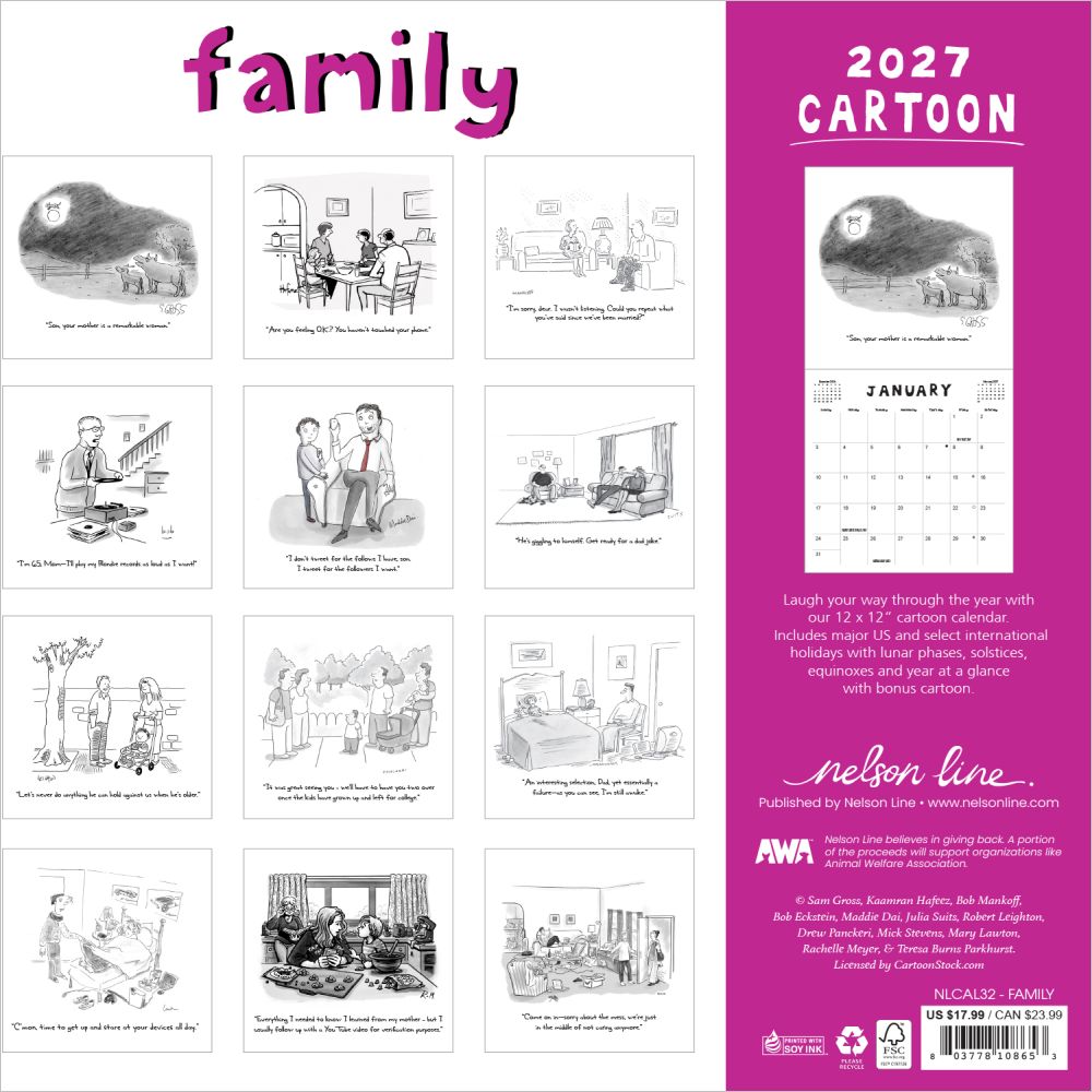 2027 Cartoon Family calendar with black and white illustrations and a pink border.