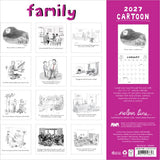 2027 Cartoon Family calendar with black and white illustrations and a pink border.