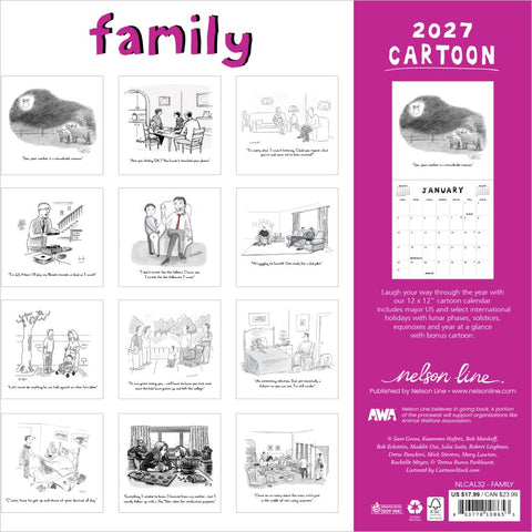 2027 Cartoon Family calendar with black and white illustrations and a pink border.