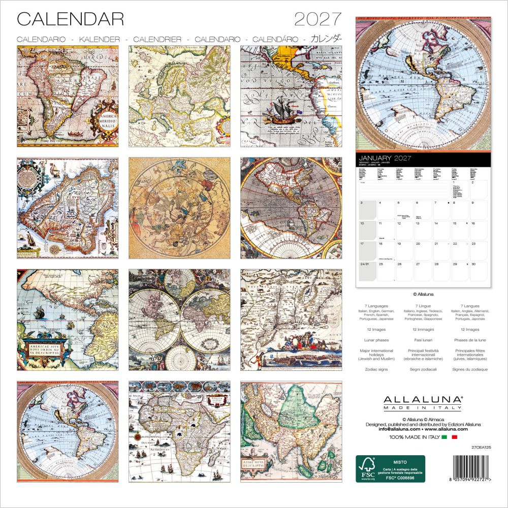 Calendar with vintage map designs and Allaluna branding