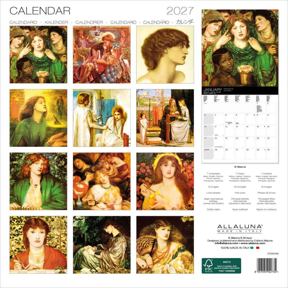 Calendar with artistic illustrations of women in various poses and settings, featuring the brand 'Allaluna'.