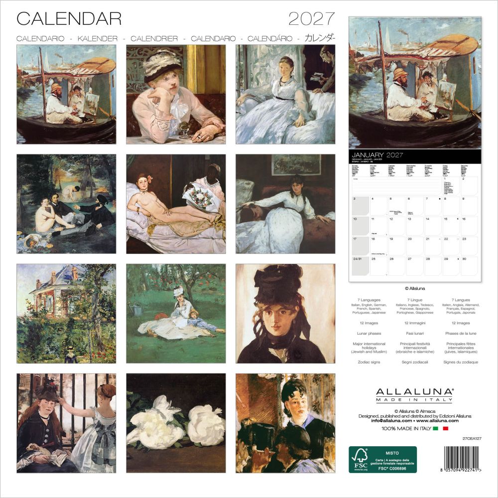 2027 calendar with artistic images of women and boats, featuring the brand 'Allaluna'.