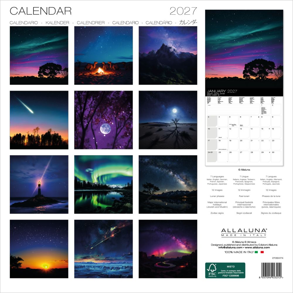 Calendar with space-themed images and Allaluna branding