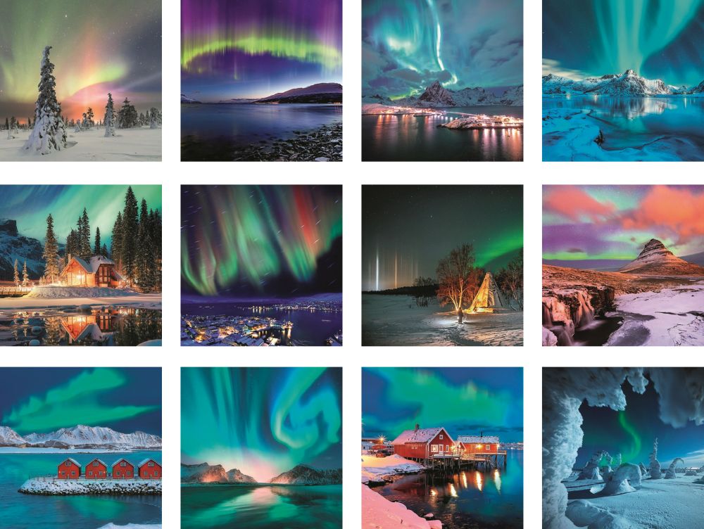 Collage of various scenes featuring the Aurora Borealis over snowy landscapes.