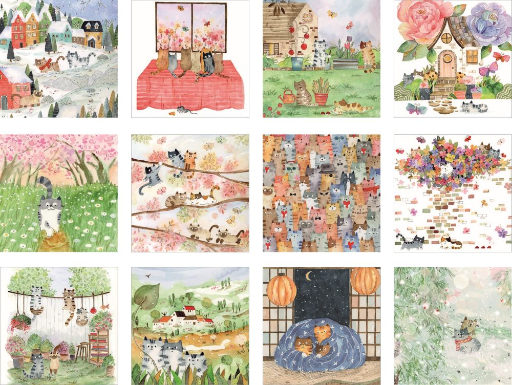 Grid of illustrated scenes with cats in various settings