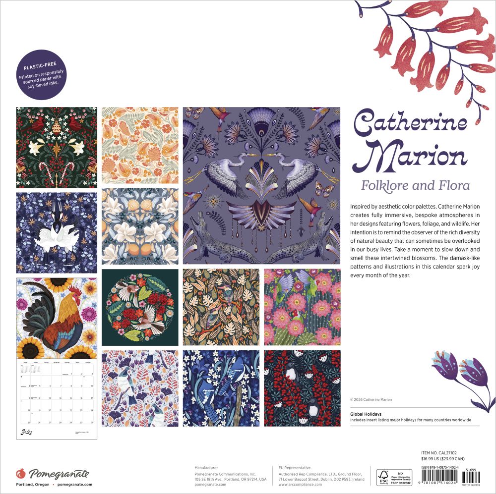 Calendar cover with various floral and nature-themed designs and 'Catherine Marion' branding.